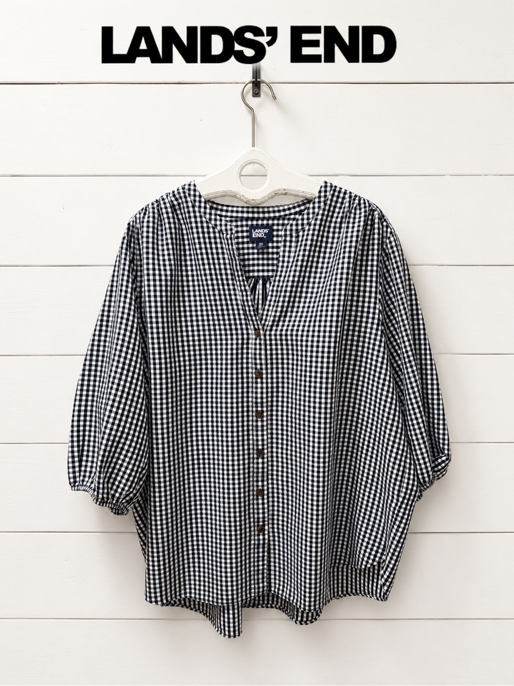 Lands’ End Navy White Gingham 3/4 Sleeve Blouse Women’s 3X